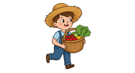 Cheerful Cartoon Farmer Boy Carrying Basket of Fresh Vegetables