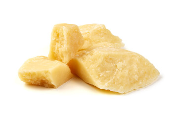 Pieces of aged Parmesan cheese, isolated on white background.