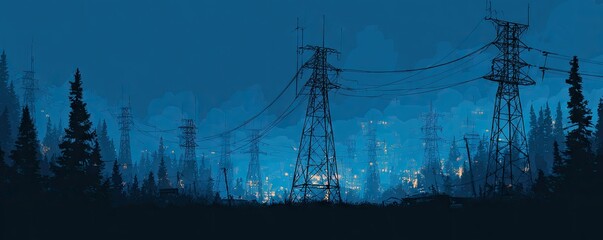 Dusk scene showing power lines amidst a pine forest, city lights faintly visible in the background