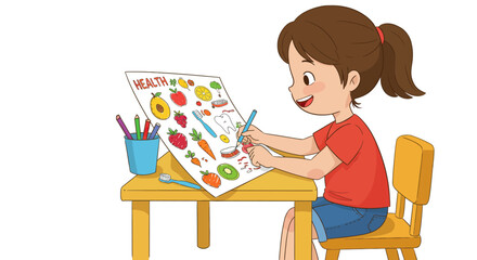 Cartoon Girl Drawing Health Poster with Fruits, Vegetables, and Dental Care Items