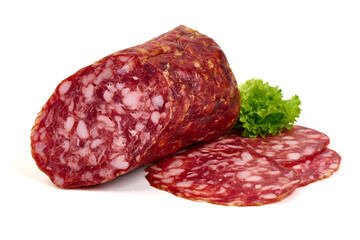 Smoked Sausage with Slices, salami Napoli, isolated on white background.