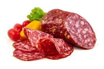 Smoked Sausage with Slices, salami Napoli, isolated on white background.