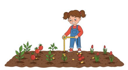 Cartoon girl measures plants in garden with yellow ruler, smiling.