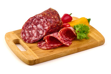 Dry cured Italian salami sausage, Salami Napoli, isolated on white background