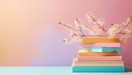 Pastel Colored Books Stacked on Pink Surface with Delicate White Flowers