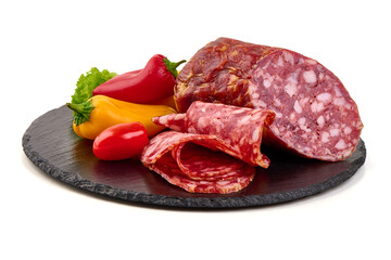 Dry cured Italian salami sausage, Salami Napoli, isolated on white background