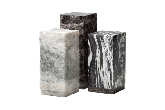 Three textured stone blocks pedestal stacked together isolated on transparent background