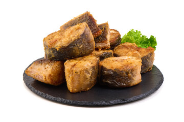 Fried Catfish steaks, isolated on white background.