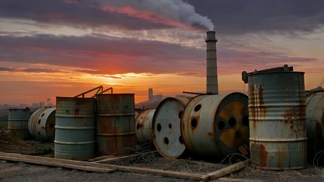 dystopian cinematic 4k ultra hd footage showing rusted toxic barrels abandoned desolate area containing biohazard radioactive waste eerie orange sunset background representing environmental
