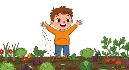 Cheerful Boy Planting Seeds in Garden, Smiling with Open Arms.