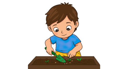 Young boy planting seeds in a garden bed with a trowel