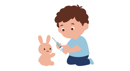 Kneeling cartoon boy with brown hair playing veterinarian with a pink toy rabbit and a syringe.
