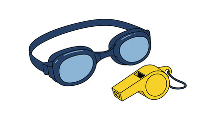 Blue Swimming Goggles and Yellow Whistle for Aquatic Sports