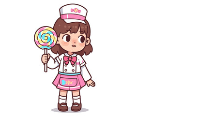 Cartoon Candy Girl with Lollipop, Pink Apron, and White Hat