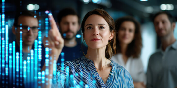 Woman pointing at digital data display with team in background, focused on futuristic technology and innovation