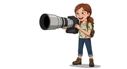 Smiling cartoon girl photographer holding a large telephoto lens, wearing a backpack and hiking boots.