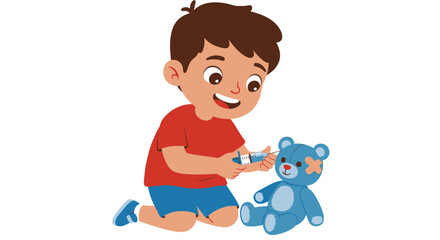 Young boy in red shirt giving injection to blue teddy bear