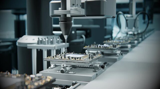 Technology future Macro Shot scene. Automatic Pick and Place machine quickly install Components on Circuit Board. Electronics and Circuit board Manufacturing Factory. Loopable 4k