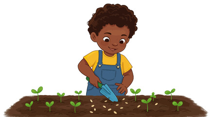 Young boy planting seeds with a trowel in fertile soil