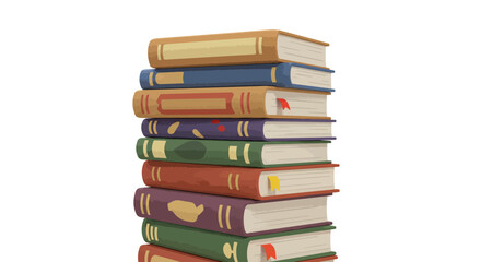 Colorful Stack of Books with Various Cover Designs and Bookmarks