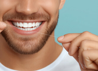 Proper dental hygiene routine benefits smiling man using dental floss in bright setting with blue background Generative AI
