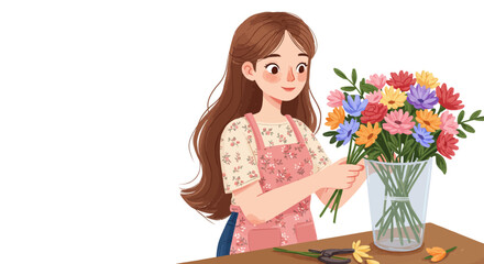Cheerful Young Woman Arranging a Vibrant Bouquet of Colorful Flowers