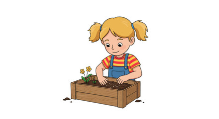 Young girl with blonde pigtails planting seeds in a wooden planter box.