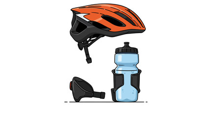 Orange cycling helmet, blue water bottle in black cage, and rear bike light