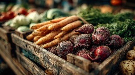 Fresh vegetables in wooden crates at farmers market during sunset