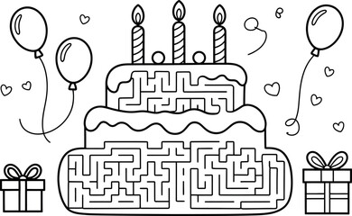 Happy Birthday Cake Maze: Festive Black and White Line Art Illustration