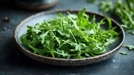 A fresh serving of vibrant green arugula leaves is presented on a rustic grey plate, highlighting its natural texture and healthy appeal for salads and garnishes.