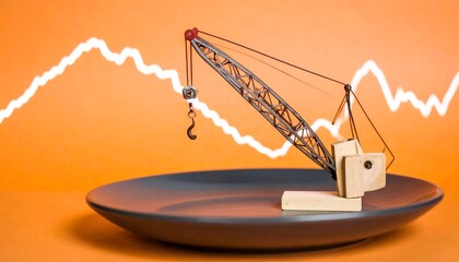 Crane on Plate with Falling Market Graph.