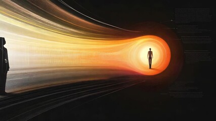 Two silhouettes, one near radiant portal, light streaks across dark space - Powered by Adobe