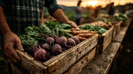 Fresh vegetables in wooden crates at farmers market during sunset