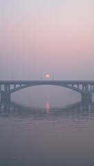 Fototapeta premium Minimalist pastel bridge arching softly over calm reflective river waters glowing faintly beneath horizon’s fading muted sunset