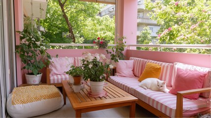 Cozy balcony with pink decor and plants in a sunny urban setting featuring a relaxed cat lounging