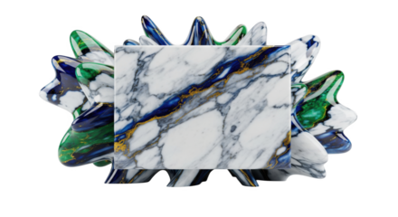 Abstract marble platform with sculptural support against a dark backdrop