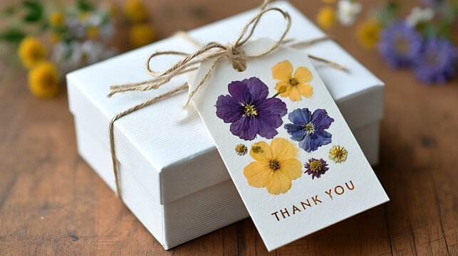 white gift package with dried flower thank you card attachment
