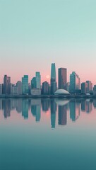 Obraz premium Minimalist pastel city skyline with geometric buildings glowing faintly under crescent moon reflected in quiet river water