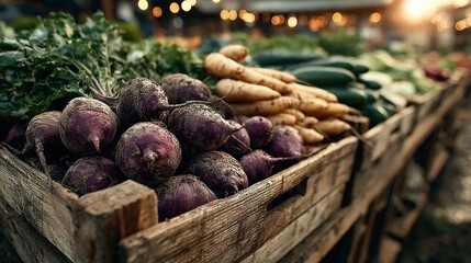 Fresh vegetables in wooden crates at farmers market during sunset
