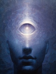 Third eye vision: woman’s head with open third eye emanating fractal cosmic patterns, mystical painting