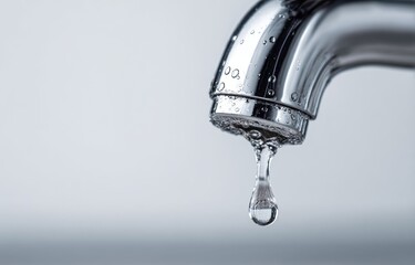 Close-up of a dripping faucet, water droplets hanging, against a blurred backdrop