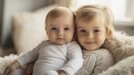 Baby sitting in sibling’s lap with smile in cozy indoor setting