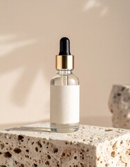 Naklejka premium Clear Serum Bottle with Gold Accents on Textured Beige Stone Surface and Soft Shadow