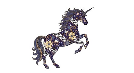 Fototapeta premium Elegant silhouette of a magical unicorn filled with intricate traditional batik patterns, golden, brown, and white color scheme