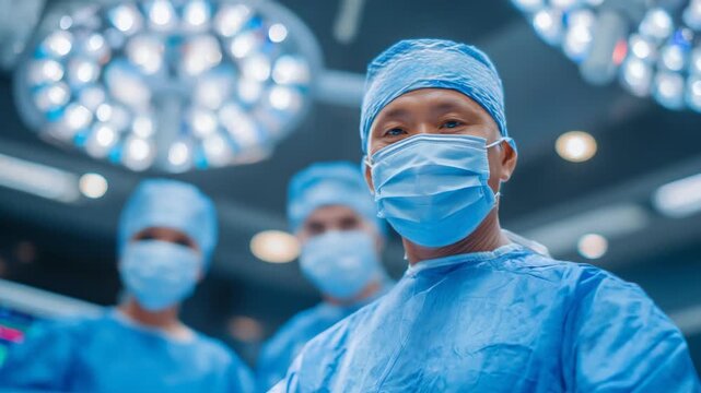 A focused medical team in blue scrubs and masks collaborates in a sterile operating room, with the lead doctor engaging the camera under bright surgical lights.