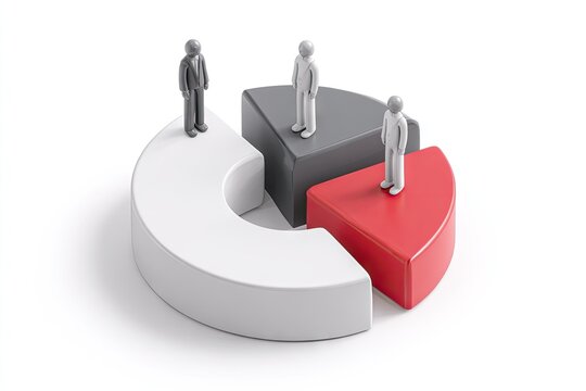 Three figures stand atop a 3-part pie chart, each on a different color segment