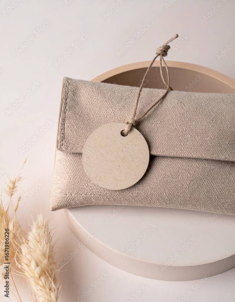 Poster Linen Pouch with Blank Tag on Round Platform Surrounded by Dried Wheat in Studio with Light Background