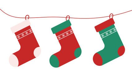 Christmas Socks Hanging on Rope, Transparent Background, Holiday Decoration Clipart