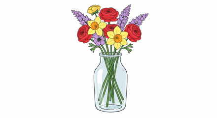 Colorful hand-drawn bouquet of ranunculus, daffodils, and lavender in a clear glass vase.